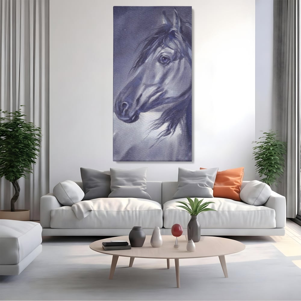Tablou canvas cu tablou canvas cu portret de cal gri, fara rama, pe sasiu de lemn, pe perete intr-un living
